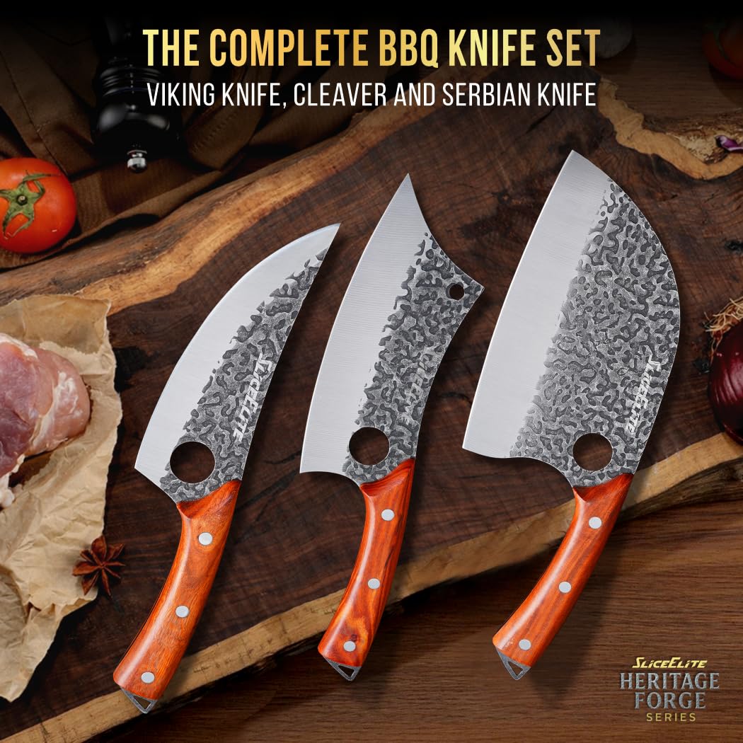 3 Piece BBQ Knife Set Serbian Chef Knife Meat Cleaver Viking Kitchen Knives