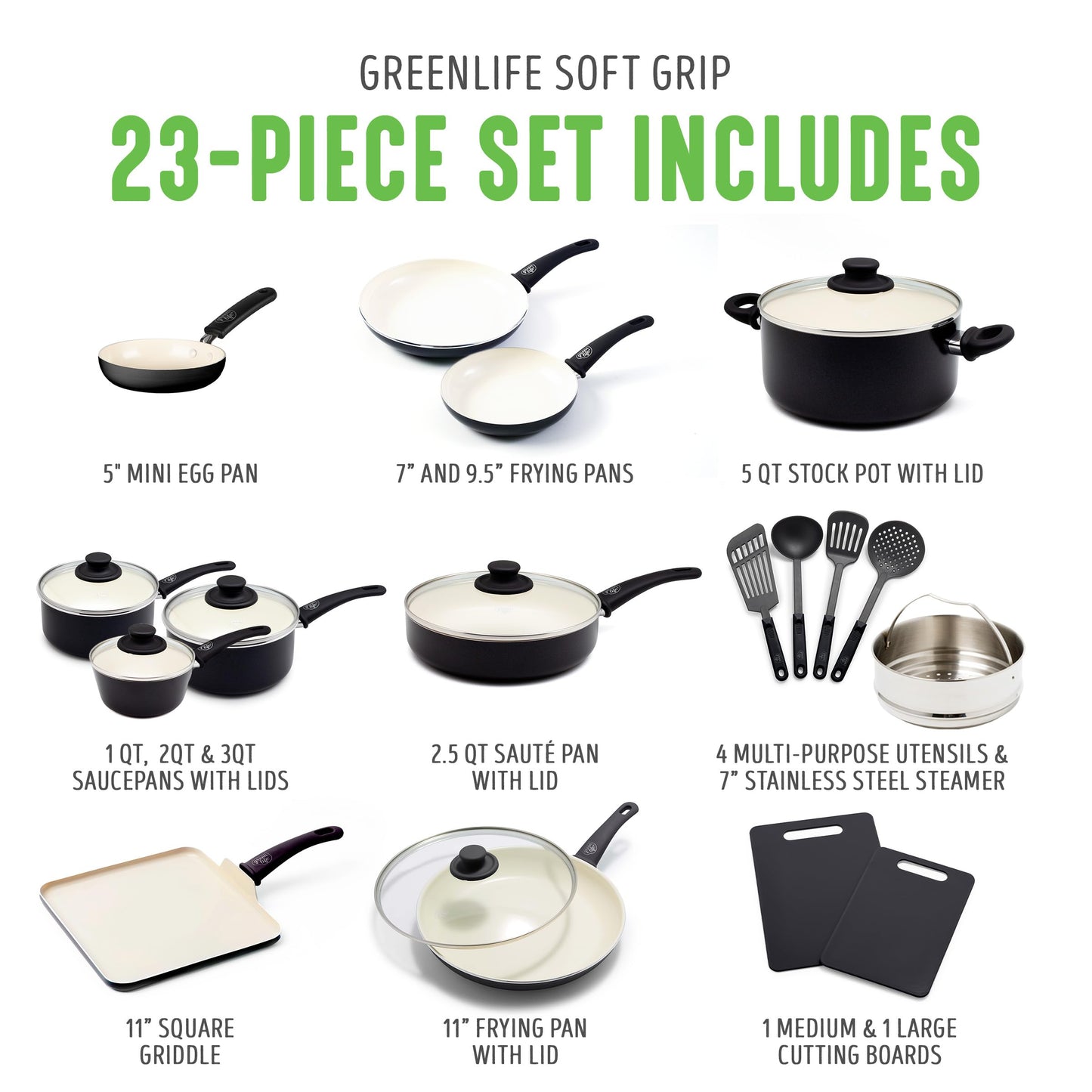 Soft Grip Healthy Ceramic Nonstick 23 Piece Kitchen Cookware Pots and Frying Sauce Saute Pans Set with Kitchen Utensils (23 Piece Cookware Set / Black)