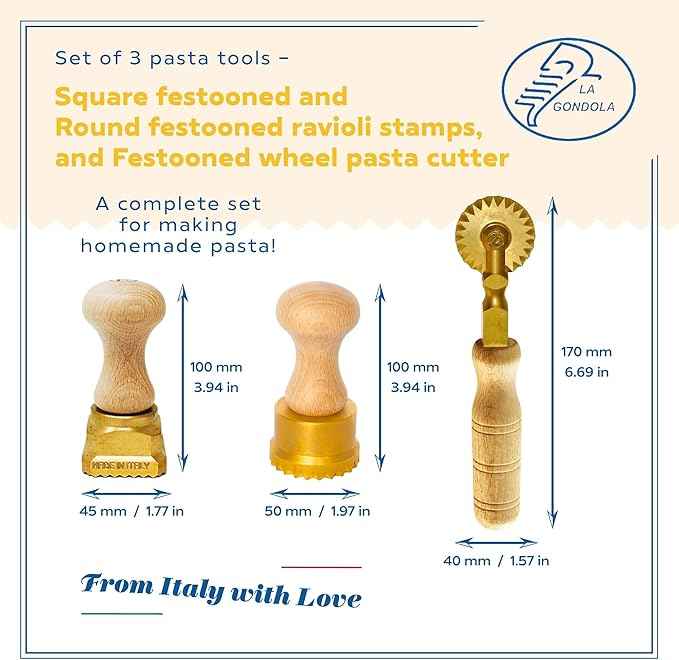 La Gondola Set of 3 Pasta Tools - Square Festooned 1.77x 1.77 in & Round Festooned 1.97in Ravioli Stamps & Pasta Cutter Festooned Wheel | Brass & Natural Wood | Easy to Use | Made in Italy