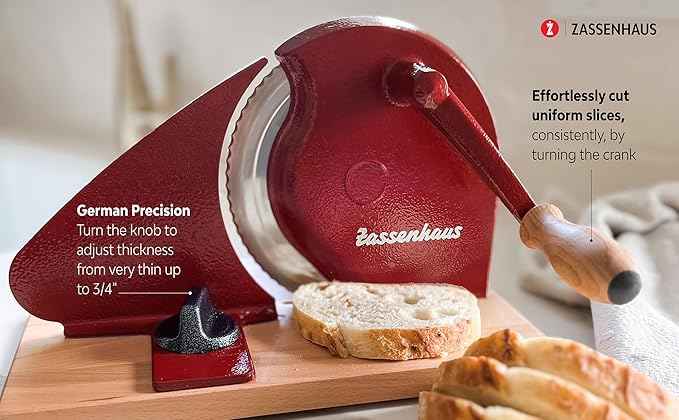 Zassenhaus Original Classic Adjustable Bread Slicer for Uniform Slices - Bread Slicer for Homemade Bread - 18/8 Stainless Steel Blade Sourdough Cutter - Red, 11.75" x 8"