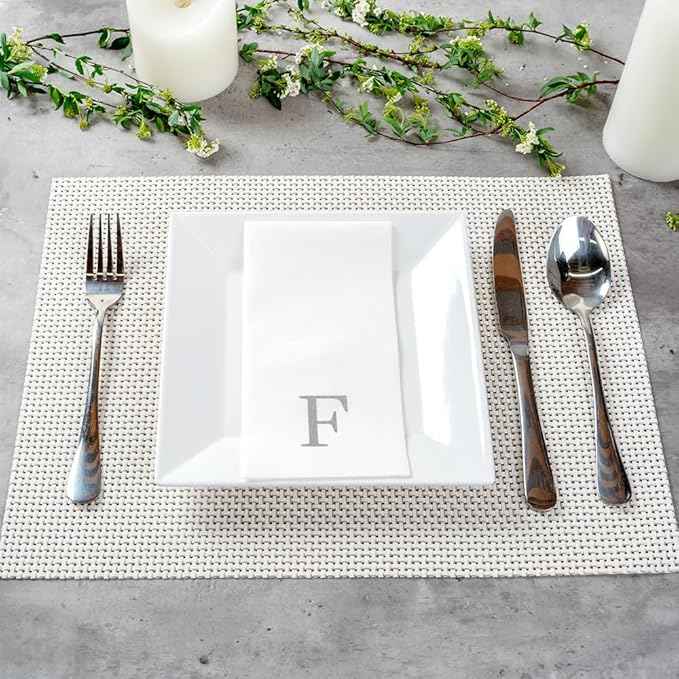 Luxenap 15.8 X 7.9 Inch Linen-Feel Guest Towels, 2000 Lettered Hand Towels - Silver Letter 'F', Sans Serif Font, White Paper Dinner Napkins, airlaid, For Restrooms And Tables - Restaurantware