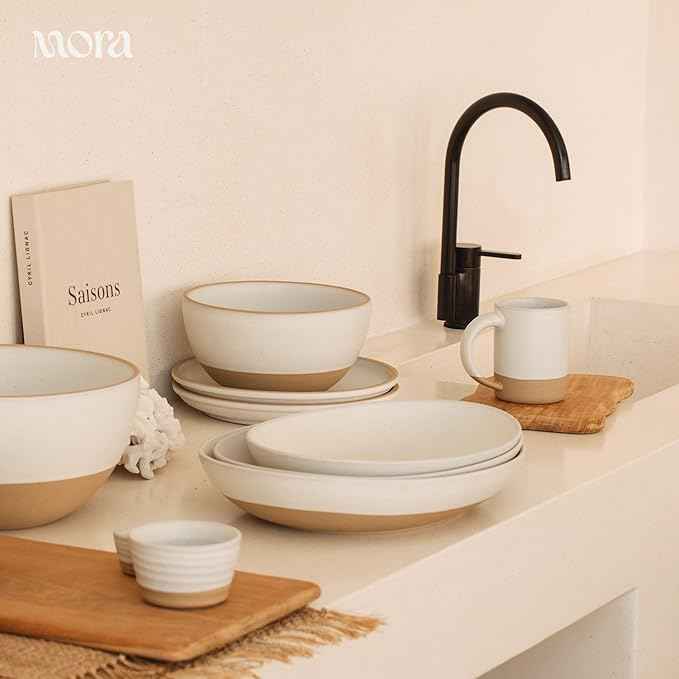 MORA Mega and Giant Serving Dishes Set of 2, 16 inch and 14 inch Ceramic Pottery Oval Platters - Microwave, Oven and Dishwasher Safe - Oat