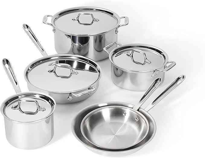 All-Clad D3 3-Ply Stainless Steel Cookware Set 10 Piece, Induction, Oven Broiler Safe 600F, Kitchen Cooking Set w/ Frying Pans, Saucepans, Saute Pan, Stockpot and Soup Pot, Pots and Pans, Silver
