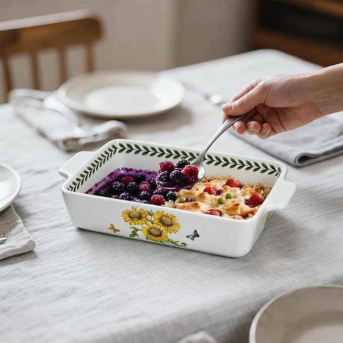 ACMLIFE Ceramic Casserole Dish Set, Ceramic Baking Dish for Oven, Casserole Dish Bakeware Set, Casserole Dishes for Oven, Lasagna Pan, Large Baking Dishes with Handles, Microwave, Dishwasher Safe, Gift Packaging Floral 2 Pcs Set(13"x8"+10.3"x6.3") (Sun...