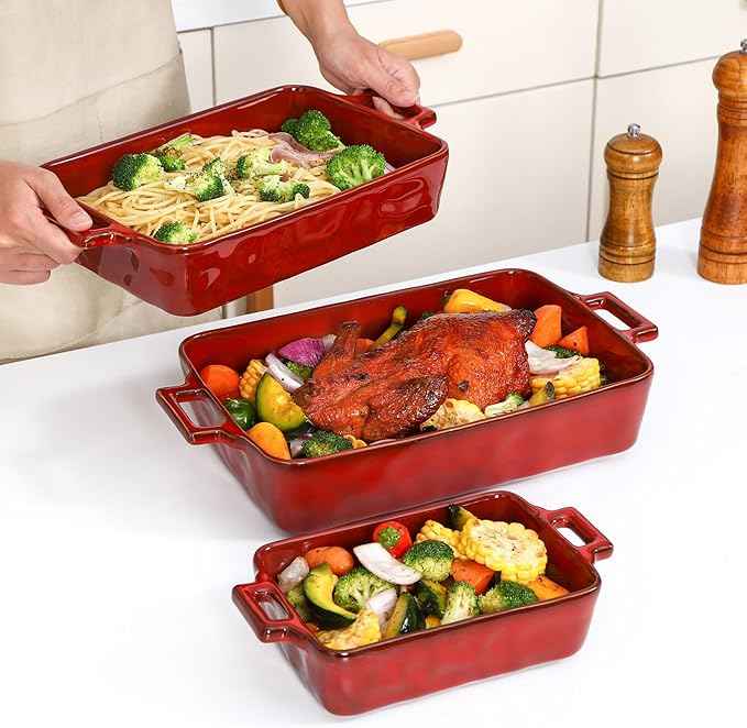 VICRAYS Ceramic Bakeware Set, Porcelain Rectangular Baking Dish, Baking Pan Lasagna Pans Casserole Dish Set for Cooking, Kitchen, Cake Dinner, Banquet, 3 PCS, 15 x 8.5 Inches (Cherry Red)