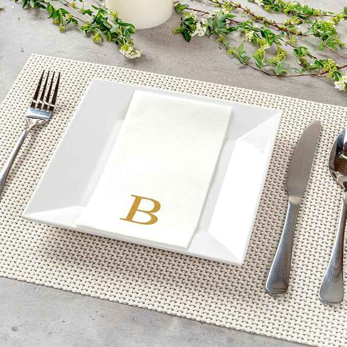 Luxenap 15.8 X 7.9 Inch Linen-Feel Guest Towels, 50 Lettered Hand Towels - Gold Letter 'B', Sans Serif Font, White Paper Dinner Napkins, airlaid, For Restrooms And Tables - Restaurantware