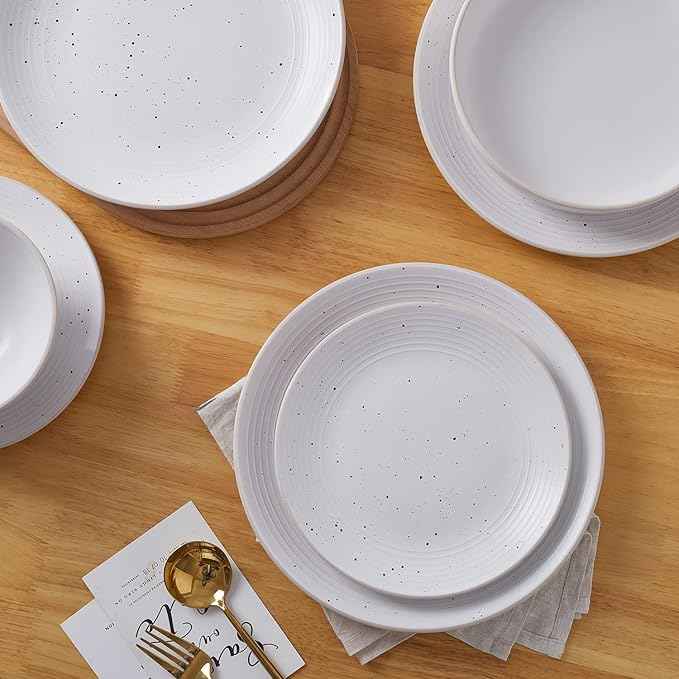 Stone Lain Lauren Stoneware, Rustic Plates and Bowls Set, Dinnerware, Service for 4, Speckled Off White, Dishwasher & Microwave Safe, 16-Piece