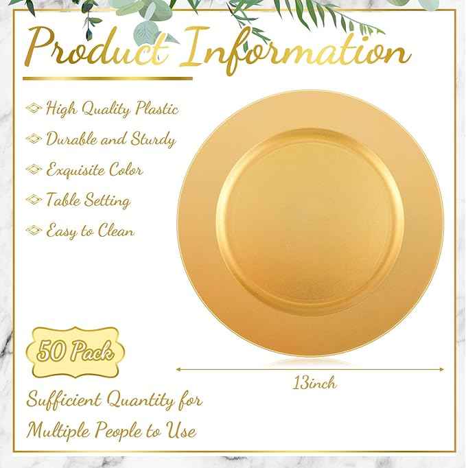 Tanlade 50 Pcs 13 Inch Charger Plates Bulk Round Wedding Chargers Plastic Dinner Plates for Table Setting Wedding Party Decoration (Gold)