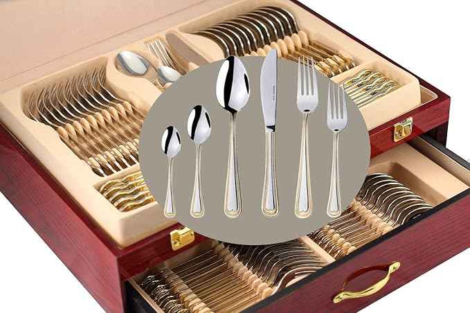 Venezia Collection Gold Flatware Serving Set for 12, 75-Pc Luxury Dining Silverware Cutlery Service, 24 Kt 18/10 Premium Surgical Stainless Steel Hostess Set in a Wooden Storage Case Chest