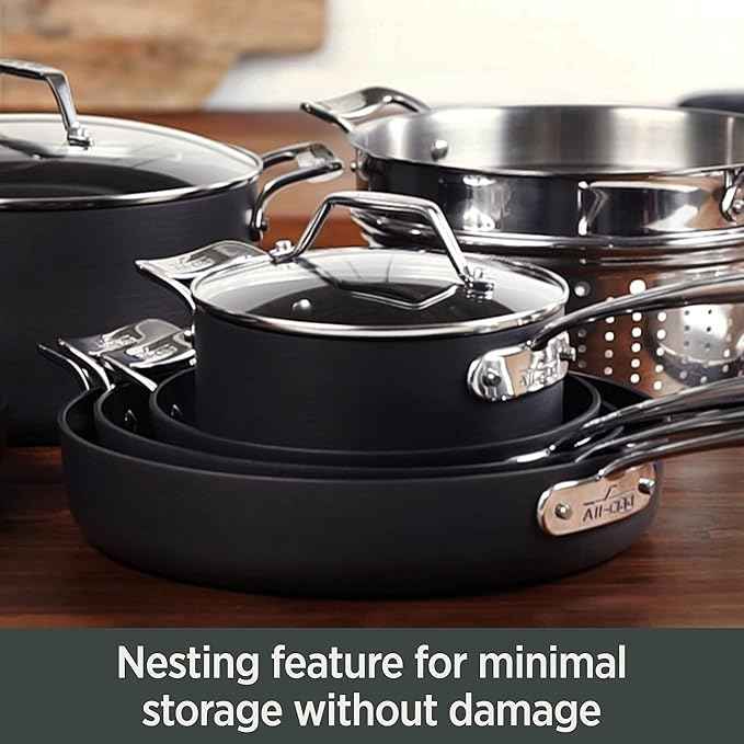 All-Clad Essentials Hard Anodized Nonstick Fry & Sauce Pan Set 8.5 Inch , 2.5 Quart Oven Broiler Safe 500F Pots and Pans, Cookware Black