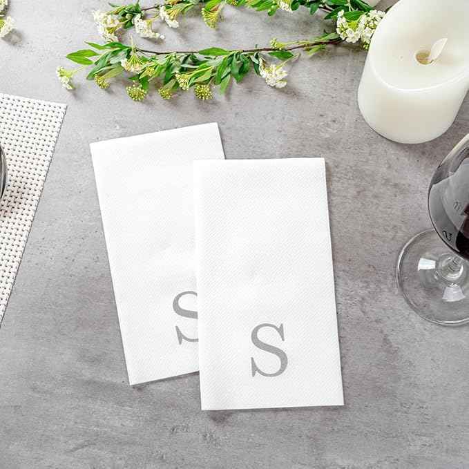 Luxenap 15.8 X 7.9 Inch Linen-Feel Guest Towels, 50 Lettered Hand Towels - Silver Letter 'S', Sans Serif Font, White Paper Dinner Napkins, airlaid, For Restrooms And Tables - Restaurantware