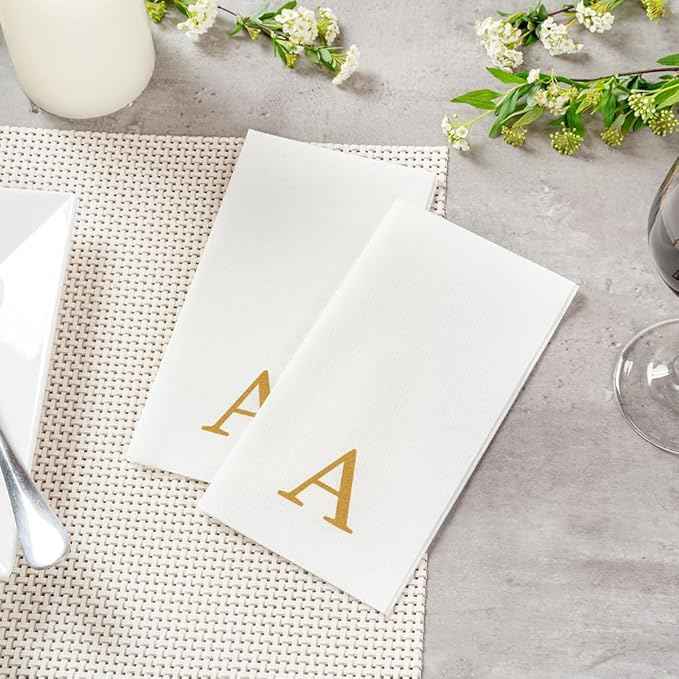 Luxenap 15.8 X 7.9 Inch Linen-Feel Guest Towels, 50 Lettered Hand Towels - Gold Letter 'A', Sans Serif Font, White Paper Dinner Napkins, airlaid, For Restrooms And Tables - Restaurantware