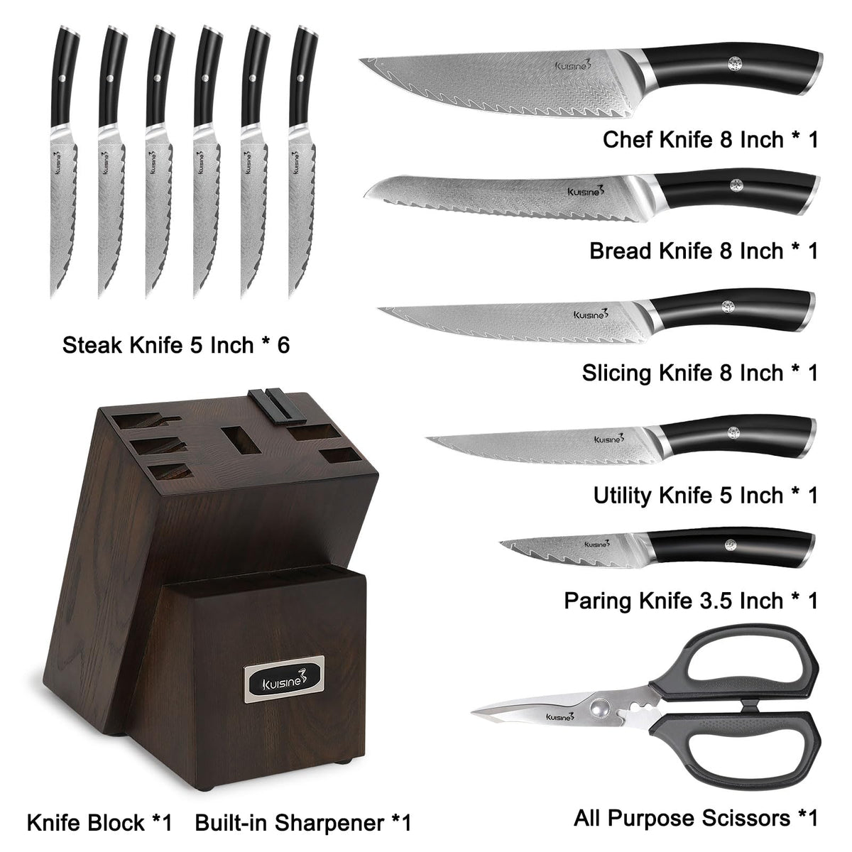 14 Piece Damascus Knife Set with Block