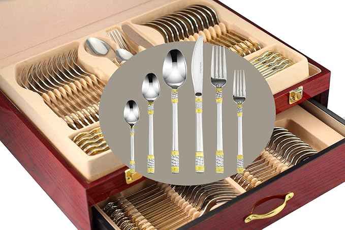 Venezia Collection Gold Flatware Serving Set for 12, 75-Pc Luxury Dining Silverware Cutlery Service, 24 Kt 18/10 Premium Surgical Stainless Steel Hostess Set in a Wooden Storage Case Chest