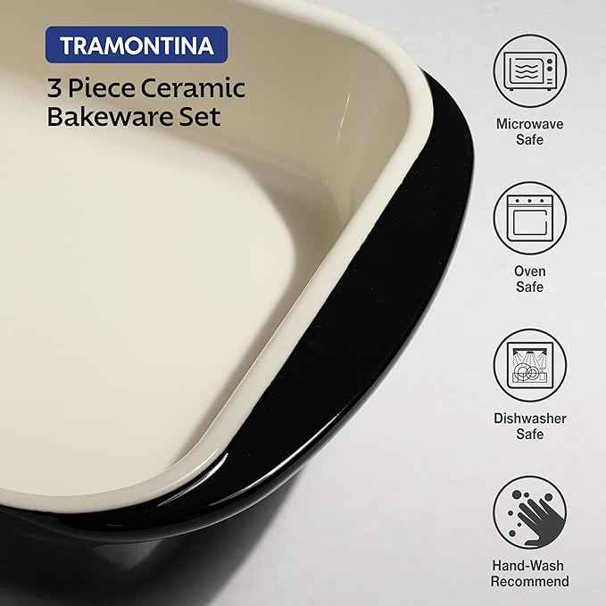 Tramontina Mae 3-Piece Ceramic Porcelain Baking Pans Set, Non Stick Casserole Dishes for Oven, Rectangular Bakeware for Lasagna, Cakes and Loafs (Black)