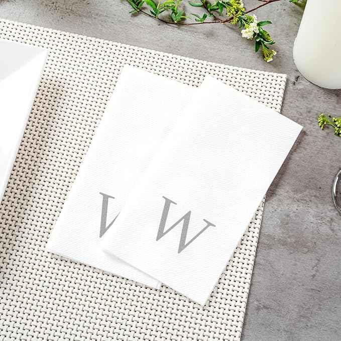 Luxenap 15.8 X 7.9 Inch Linen-Feel Guest Towels, 2000 Lettered Hand Towels - Silver Letter 'W', Sans Serif Font, White Paper Dinner Napkins, airlaid, For Restrooms And Tables - Restaurantware