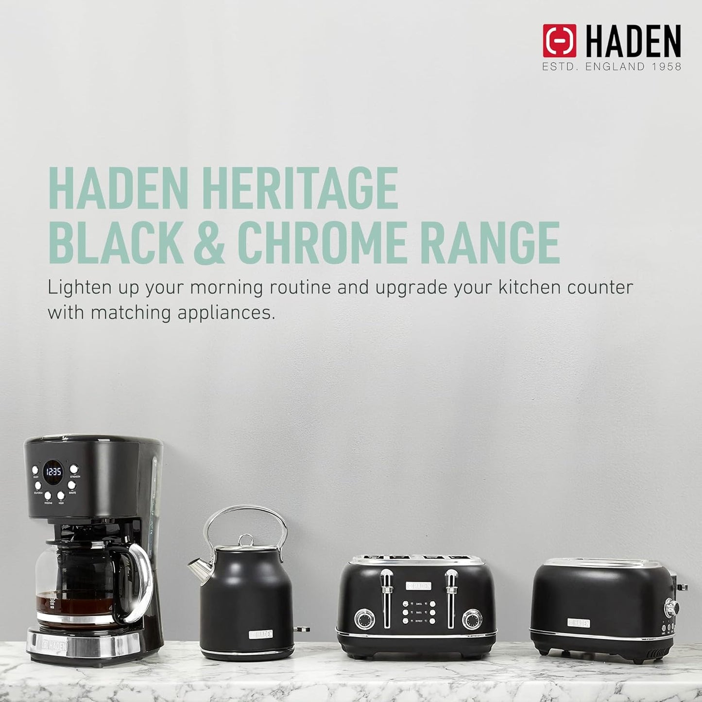 HADEN Heritage 1.7 Liter Stainless Steel Electric Kettle, Hot Water Kettle with 360-Degree Base and Auto Shutoff, Black & Chrome
