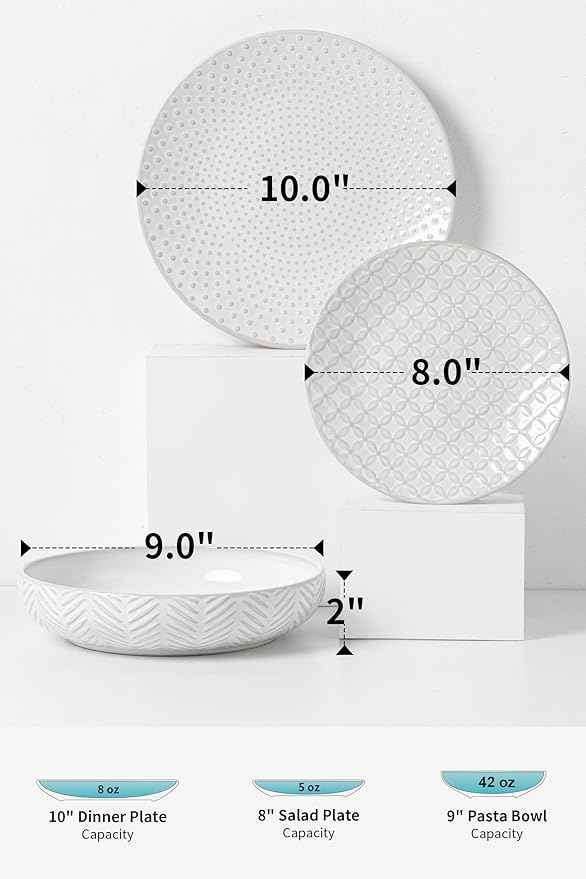 24-Piece Embossed Ceramic Dinnerware Set–8 Dinner Plates, 8 Salad Plates, 8 Pasta Bowls,Elegant & Durable Tableware for Large Families, Dishwasher & Microwave Safe