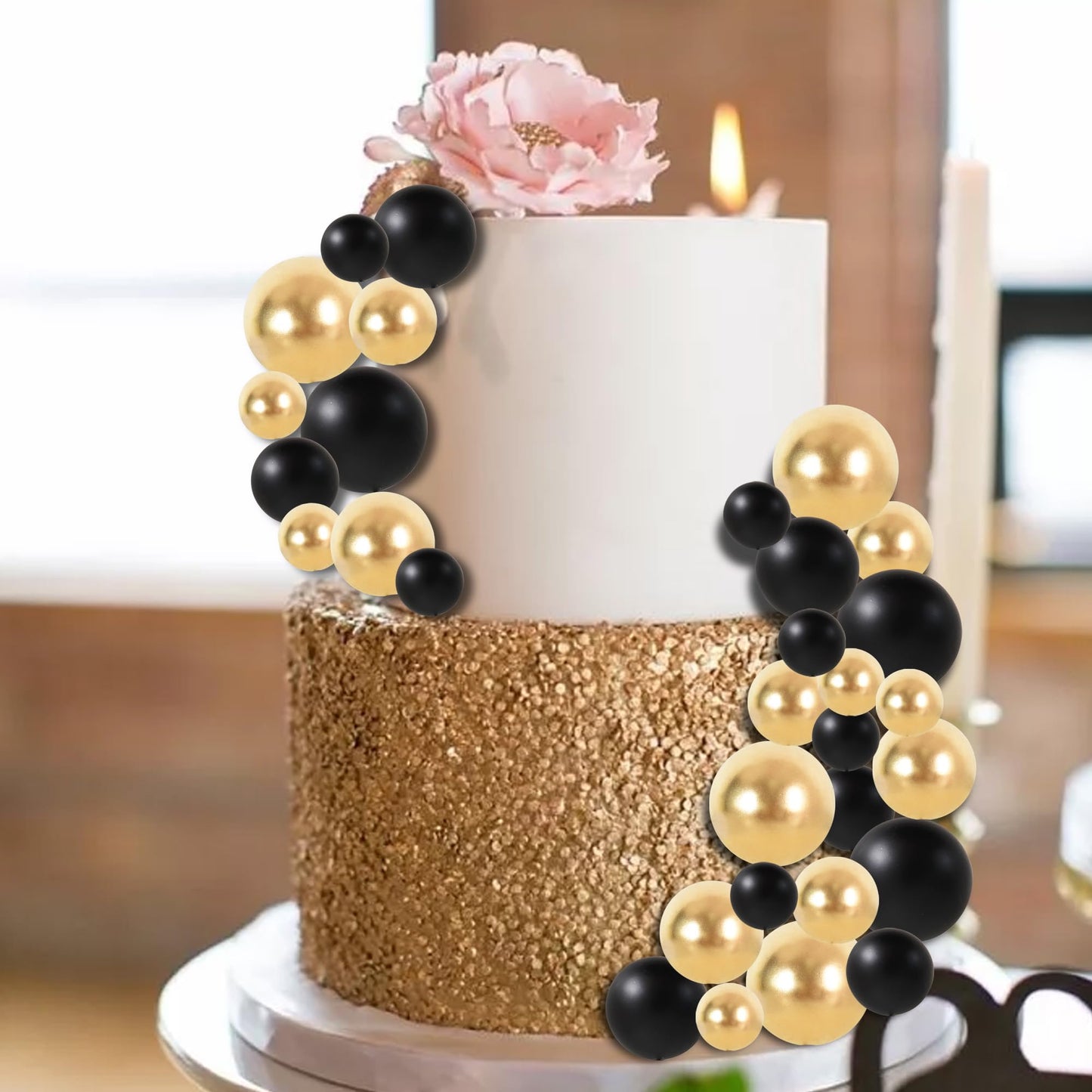 40 Pcs Ball Cake Toppers Mini Balls Cake Decorations Black Gold Foam Balls Sticks DIY Cake Topper for Congrats Grade 2026 Graduation Men Birthday New Year Retirement Party Decorations (40 Count)