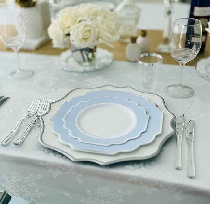 " OCCASIONS " 320 Piece set (40 Guests)-Heavyweight Wedding Party Disposable Plastic Plate Set -40 x 10.5'' + 40 x 8''+Silverware+12oz Cups+Napkins (Imperial in White & Blue & Silver)