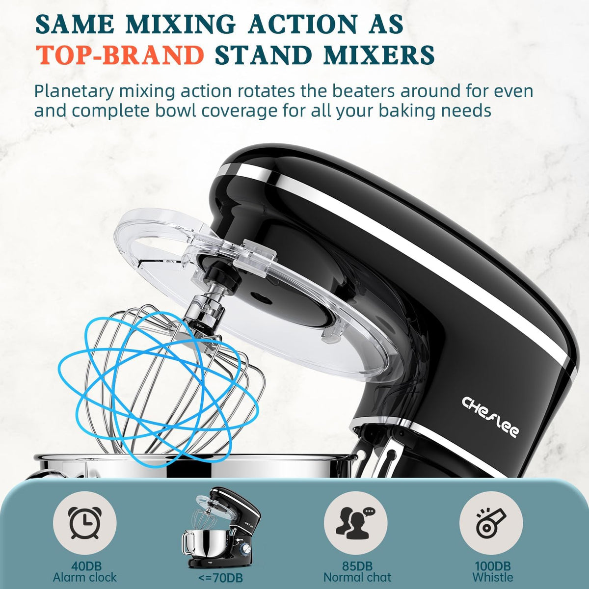 CHeflee Stand Mixer,660W 6+P With 6.5QT Stainless Steel Bowl,Dough Hook, Wire Whip & Beater,for Most Home Cooks,Black