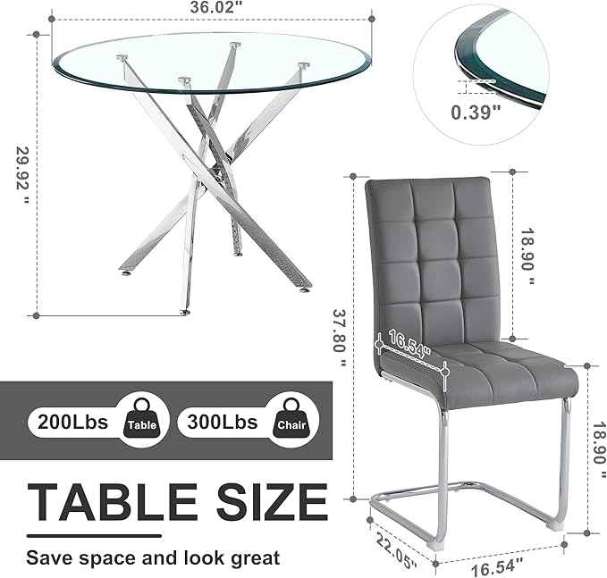 AF ARTISAN FURNITURE 5 Piece Round Glass Dining Table Set, Silver Glass Kitchen Table Set for 4 Modern Table Set with 4 Grey PU Upholstered Dining Chairs, for Small Space, Breakfast Nook