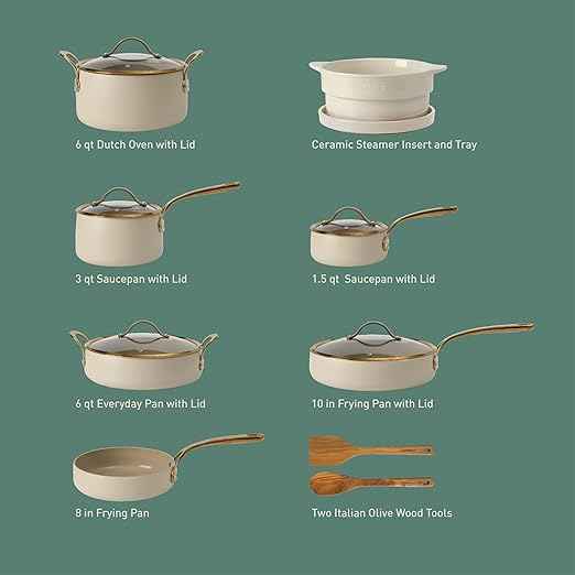 Bloomhouse - Two Time Oprah's Favorite Things Winner - 15 Piece Pots and Pans Heavy Duty Aluminum Premium PFA Free Ceramic Nonstick Cookware Set - Almond Cream w/Gold Handle