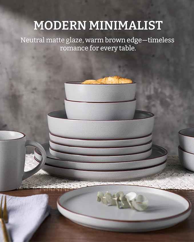 Famiware Mercury Plates and Bowls Sets, 12 Pieces Stoneware Dinnerware Sets, Dishes Set for 4, Microwave and Dishwasher Safe, Light Grey