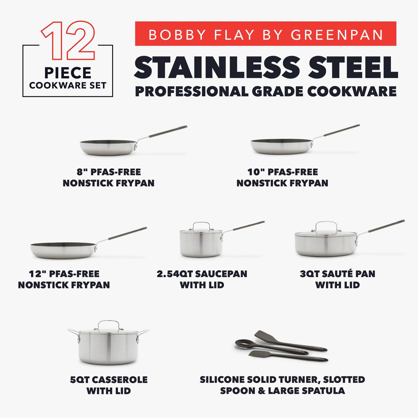 x Bobby Flay Stainless Steel 12 Piece Cookware Pots & Pans Set (12 Piece Cookware Set / Stainless Steel)