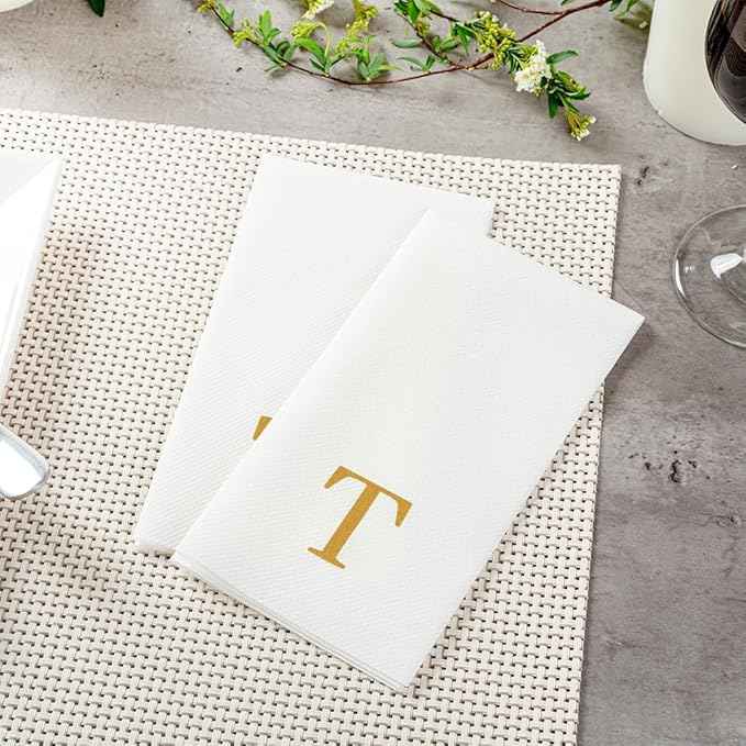 Luxenap 15.8 X 7.9 Inch Linen-Feel Guest Towels, 50 Lettered Hand Towels - Gold Letter 'T', Sans Serif Font, White Paper Dinner Napkins, airlaid, For Restrooms And Tables