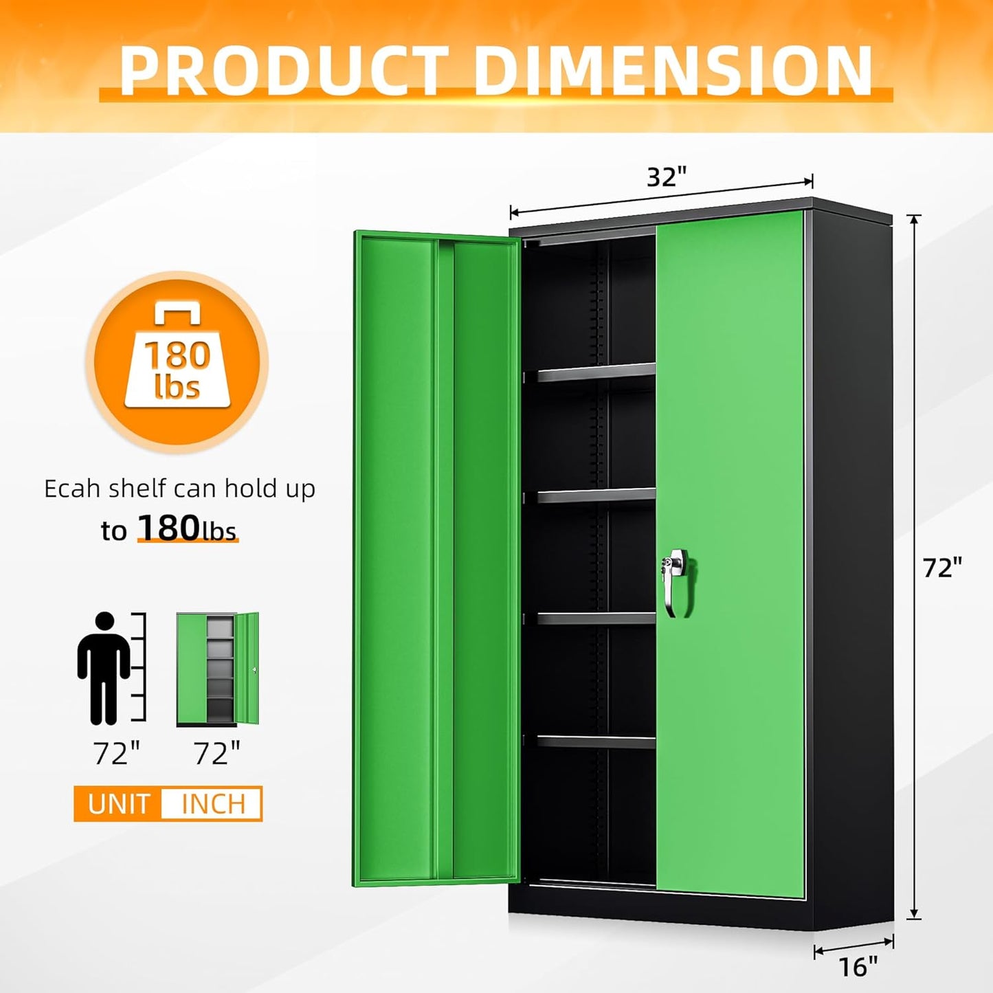 INTERGREAT Storage Cabinet, 72” Steel Locking Closet with Doors and 4 Adjustable Shelves, Tool Unit for Home Office, Garage & Tall Lockable File Cabinet, Black Grey.