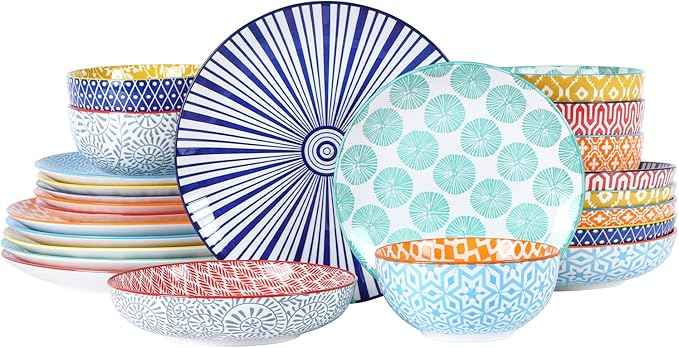 Selamica Ceramic Dinnerware Sets for 6, 24 Piece Plates and Bowls Sets, Highly Chip and Crack Resistant Dishes Set-Dishwasher & Microwave & Oven Safe, Assorted Colors