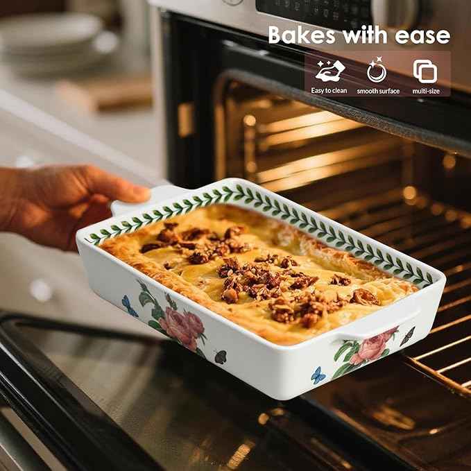 ACMLIFE Ceramic Casserole Dish Set, Ceramic Baking Dish for Oven, Casserole Dish Bakeware Set, Casserole Dishes for Oven, Lasagna Pan, Large Baking Dishes with Handles, Microwave, Dishwasher Safe, Gift Packaging Floral 2 Pcs Set(13"x8"+10.3"x6.3") (Rose)