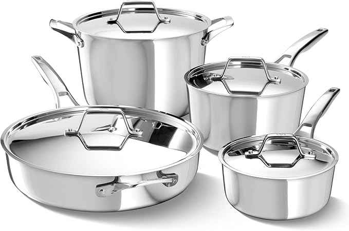 Calphalon Premier Polished 5-Ply Stainless Steel Cookware Set w/Turbo Heat Tech 8 Piece Includes Frying Pans, Pots and Pans Set, Induction, Oven Safe 500F, PFOA Free, Polished Stainless Silver