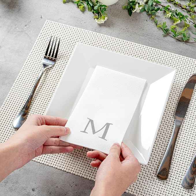 Luxenap 15.8 X 7.9 Inch Linen-Feel Guest Towels, 2000 Lettered Hand Towels - Silver Letter 'M', Sans Serif Font, White Paper Dinner Napkins, airlaid, For Restrooms And Tables - Restaurantware