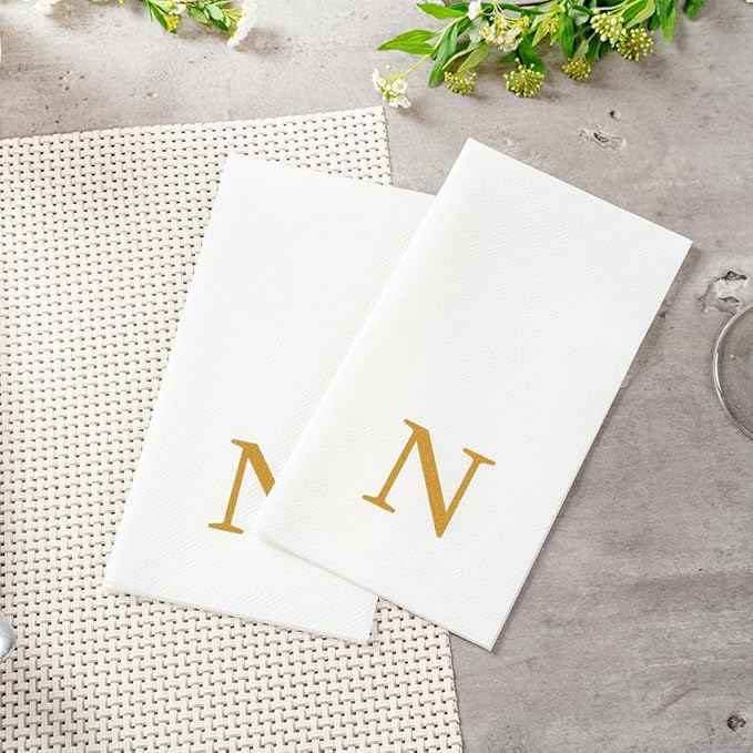 Luxenap 15.8 X 7.9 Inch Linen-Feel Guest Towels, 2000 Lettered Hand Towels - Gold Letter 'N', Sans Serif Font, White Paper Dinner Napkins, airlaid, For Restrooms And Tables