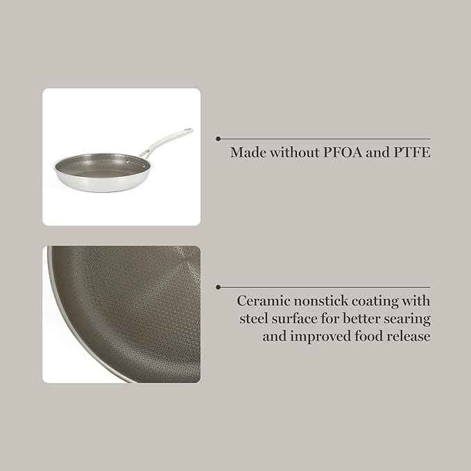 Martha Stewart Badgley Hybrid Nonstick 9.5 Inch TriPly Stainless Steel Fry Pan & Stay Cool Handle - Laser Etched Non-Toxic Perfect Sear Nonstick Skillet - Dishwasher and Induction Safe