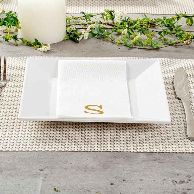Luxenap 15.8 X 7.9 Inch Linen-Feel Guest Towels, 50 Lettered Hand Towels - Gold Letter 'S', Sans Serif Font, White Paper Dinner Napkins, airlaid, For Restrooms And Tables