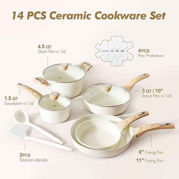 SENSARTE Ceramic Cookware Sets, Pots and Pans Set Non stick, Granite Induction Cookware, Non toxic Healthy Non Stick Kitchen Cooking Set, with Frying Pans Set, PFAS PTFE PFOA PFOS Free,14 Pcs