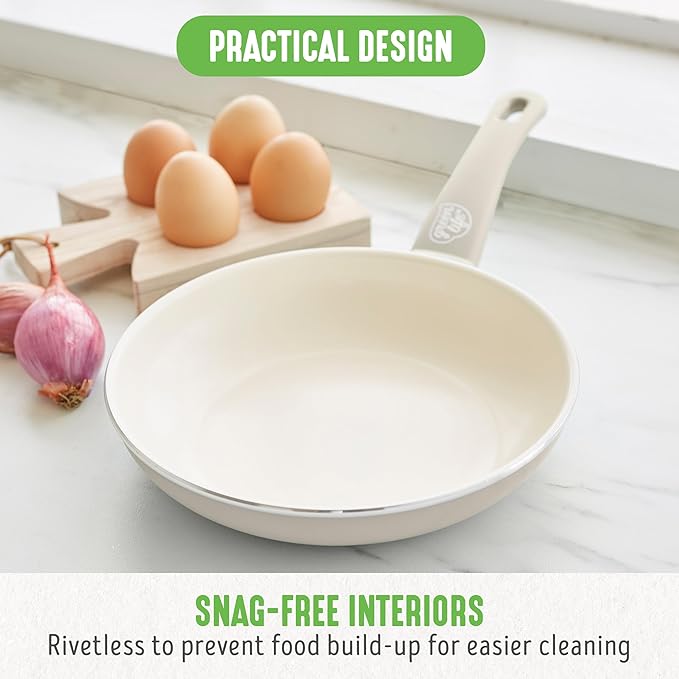 GreenLife Soft Grip 8” Frypan Skillet and Spatula Breakfast Cookware Set, PFAS-Free Ceramic Nonstick, Silicon Spatula with Bamboo Handle, Egg Omelette Bacon, Dishwasher Safe, Stay-Cool Handles, Cream