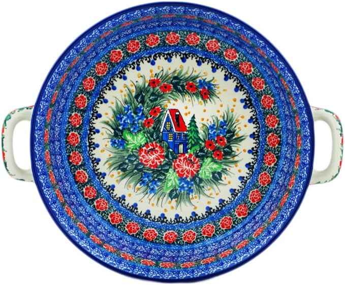 Polmedia Polish Pottery Round Baker with Handles 10-inch UNIKAT - Blue Escape Pattern Handmade in Boleslawiec Poland by Ceramika Artystyczna + Certificate of Authenticity