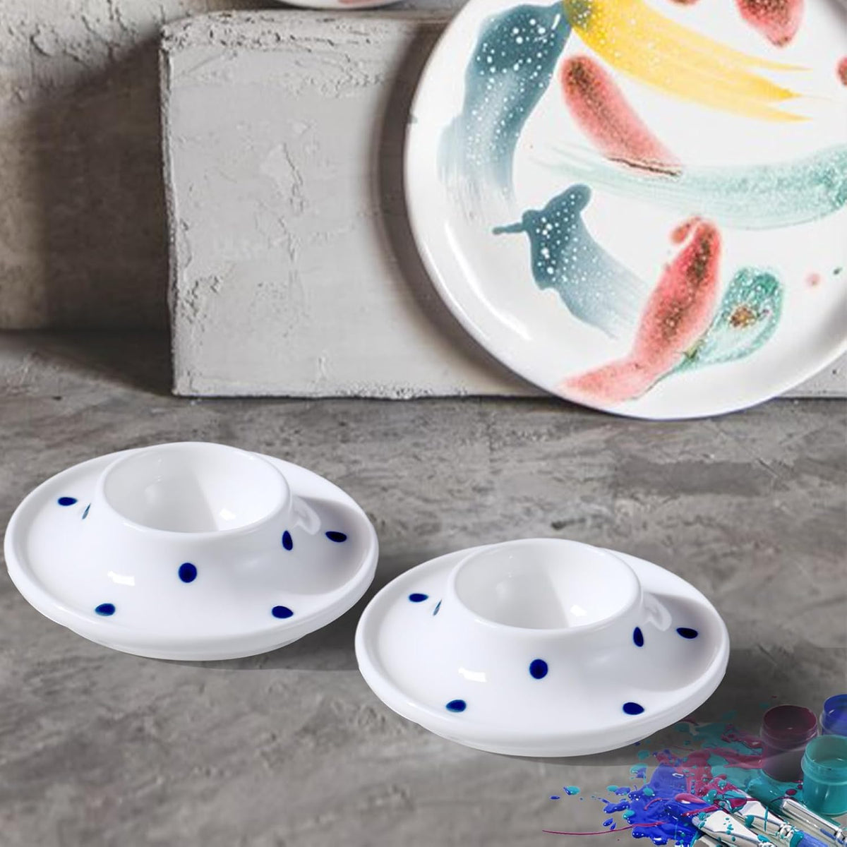 Cinf Ceramic White Egg Holder Set of 2 Porcelain Holder Breakfast Boiled Cooking Easy to Clean Childhood Memories Kitchen（Blue Dot)