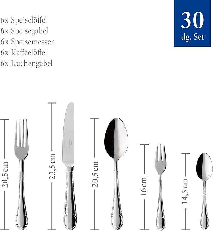Villeroy & Boch – Mademoiselle Cutlery Set 30 Pieces for 6 People, Dishwasher Safe, Rustproof, Knife, Fork, Spoon, Luxury Cutlery Set, Dinner, 18/10 Stainless Steel