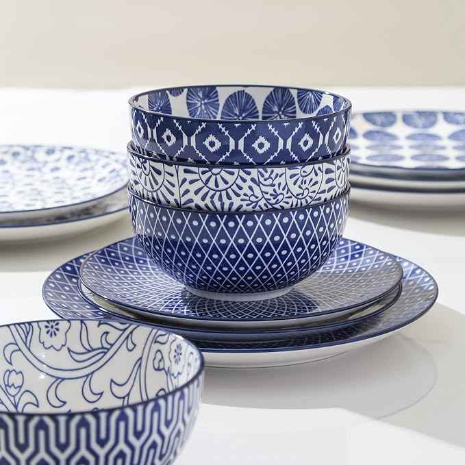 Selamica Ceramic Dinnerware Sets, 16 Pieces Dishes Set for 4, Kitchen Plates and Bowls Sets, Dishwasher & Microwave Safe, Vintage Blue