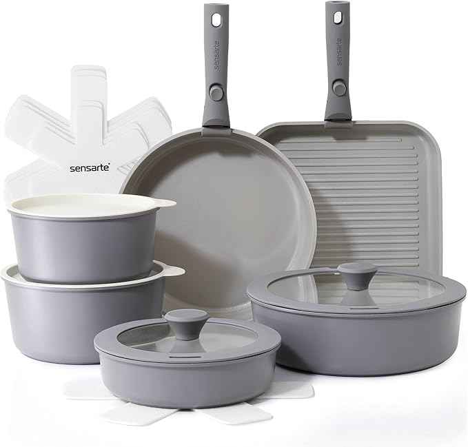 SENSARTE 17 Piece Ceramic Pots and Pans Set, Nonstick Detachable Handle Cookware, Induction Kitchen Cookware Set with Removable Handle, Dishwasher ＆ Oven Safe (Gray)