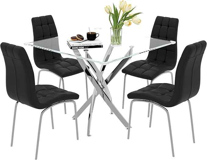 5 Piece Square Glass Dining Table Set, Round Tempered Glass Kitchen Table for 4, Modern Table with 4 High-Back Upholstered Chairs for Kitchen Dining Room (Silver Legs, 4 Black Chairs)