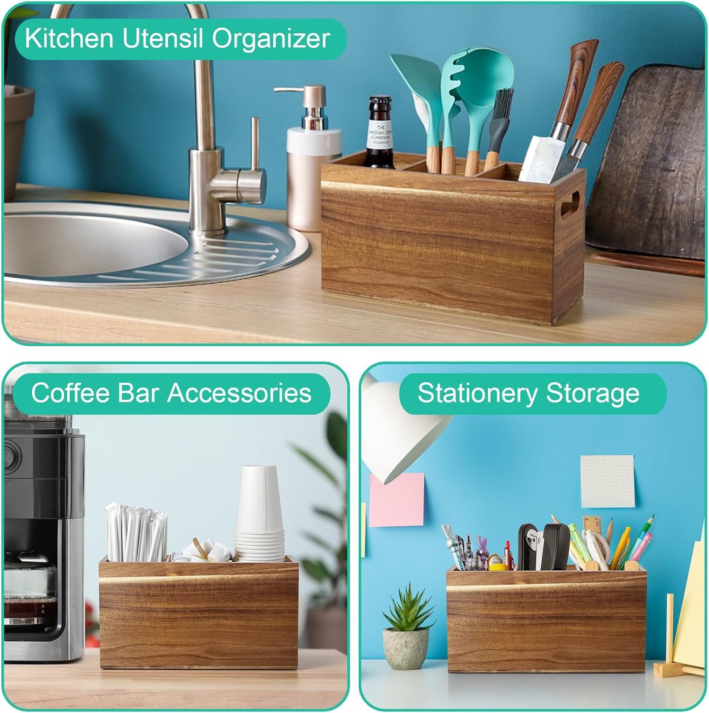 ALELION Acacia Wood Utensil Holder Organizer for Counter - Large Wooden Utensil Caddy for Countertop - 3 Compartment Cooking Tool Holder for Spatula - for Farmhouse Kitchen Decor and Accessories