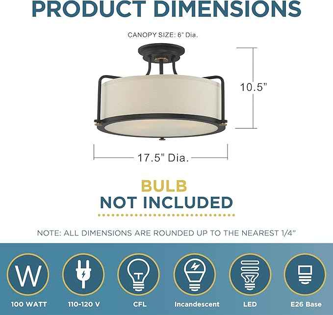 Quoizel Rigel Semi-Flush Mount Ceiling Light Fixture, 18 Inch 3-Light 100W Western Bronze Hanging Light with Beige Fabric & Frosted Glass Shade for Hallway, Kitchen, Bedroom, Living Room or Office