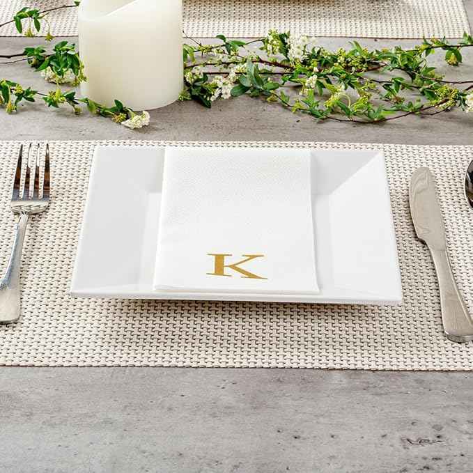 Luxenap 15.8 X 7.9 Inch Linen-Feel Guest Towels, 50 Lettered Hand Towels - Gold Letter 'K', Sans Serif Font, White Paper Dinner Napkins, airlaid, For Restrooms And Tables