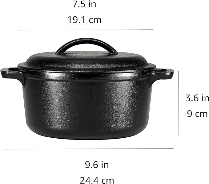 Amazon Basics Pre-Seasoned Cast Iron Mini Dutch Oven Pot with Lid and Dual Handles, Oven Safe, 2-Quart, Round, Black